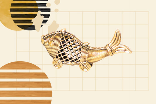 Collage of three pictures brass fish figurine, Dhokra necklace and the lady in blue clothes holding a Dhokra necklace with a green plant in the background.