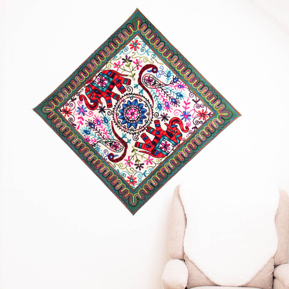 Green Embroidered Elephants Wall Art