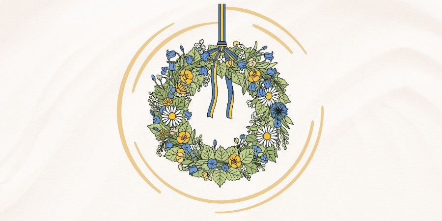 Illustration of a traditional Swedish Midsummer flower wreath with blue, yellow, and white blooms, tied with blue and yellow ribbons and framed by golden circular accents.