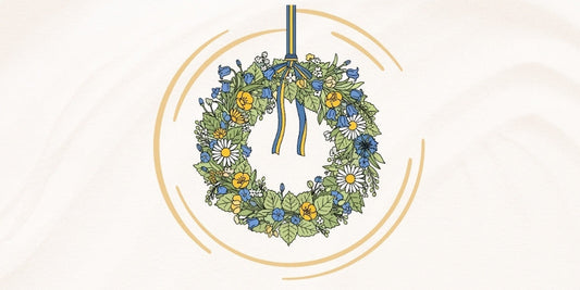 Illustration of a traditional Swedish Midsummer flower wreath with blue, yellow, and white blooms, tied with blue and yellow ribbons and framed by golden circular accents.